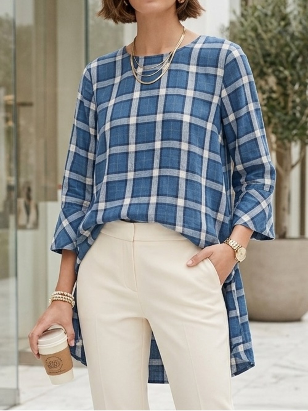 J. Jill Blue Plaid Tencel Lyocell Tunic Blouse 3/4 Sleeve High-Low Hem Large